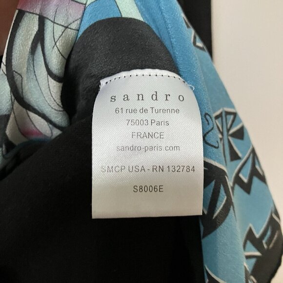 Sandro Top Womens‎ 2 Silk Front Geometric Long Sleeve Blue Black - Picture 3 of 7